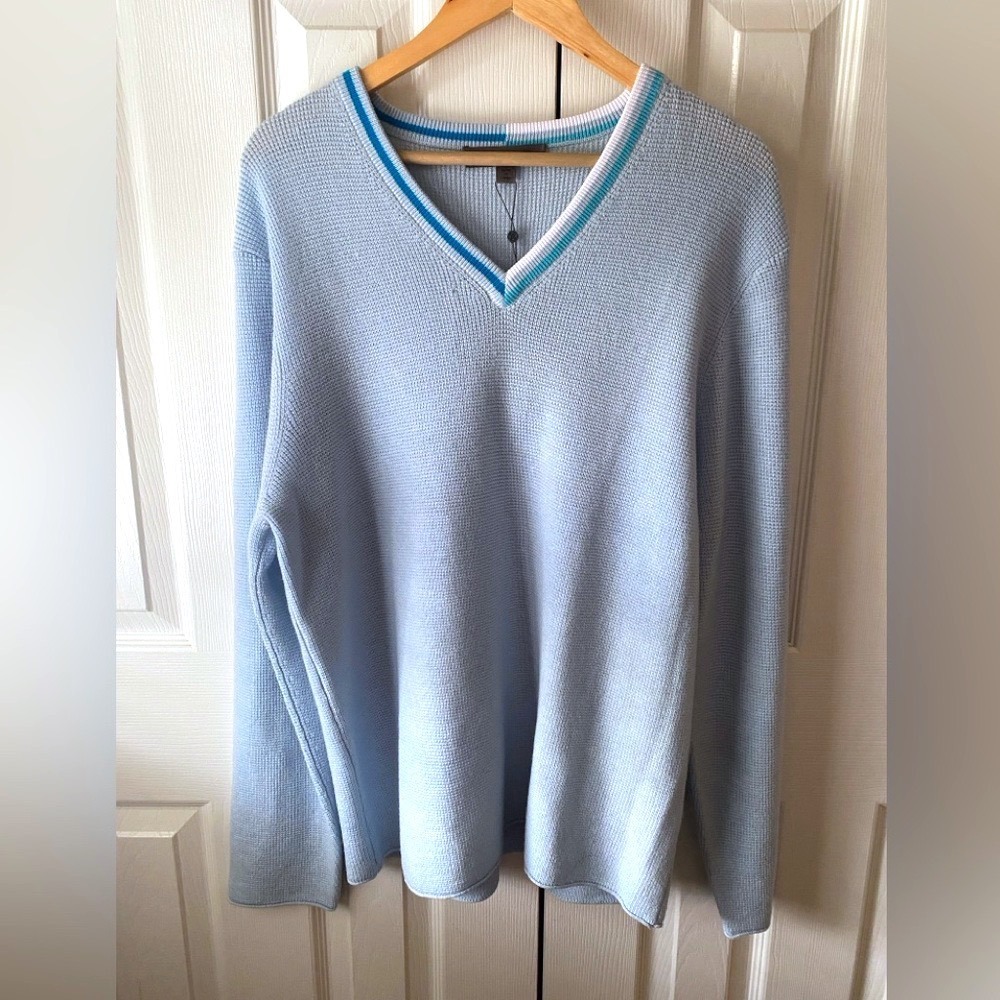 🆕 G/FORE Baja Blue Waffle Knit 100% Wool V-Neck Golf Sweater L